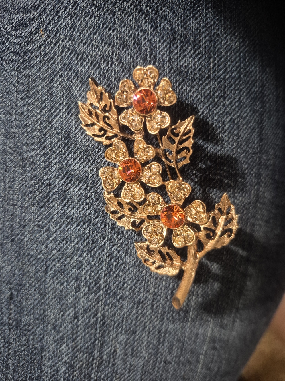 Gold Floral Brooch with Orange Crystal Centers